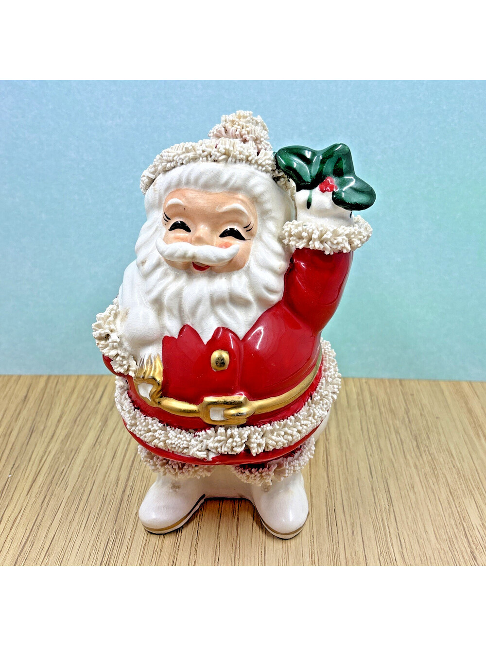 Vintage 1950's Japan Christmas Santa Claus Coin Bank Holly Spaghetti Gold Trim
